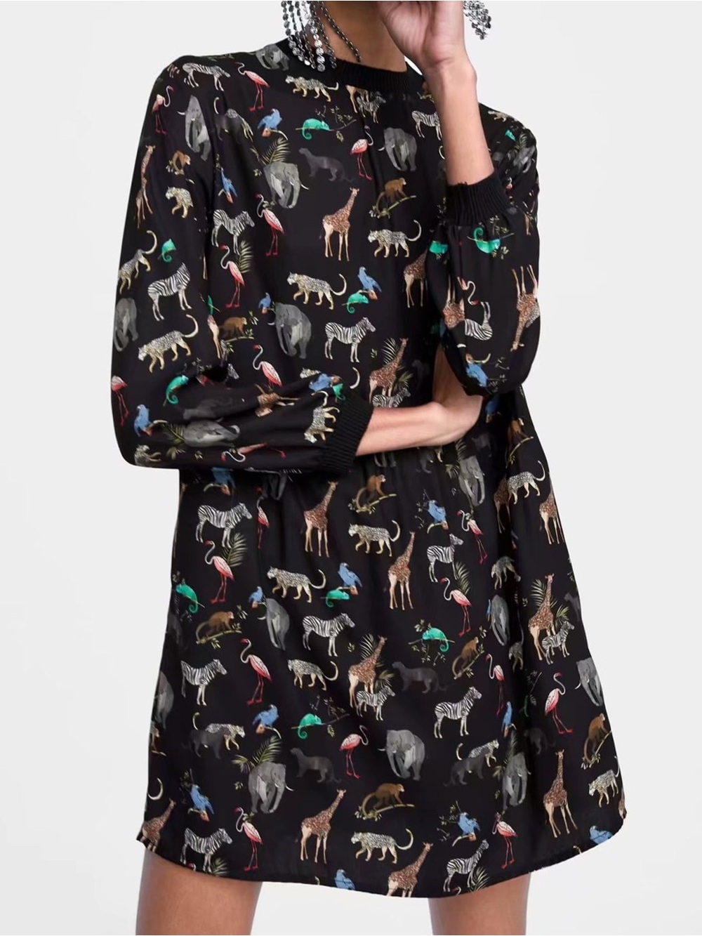 Zara - Black Animal Print Long Sleeve Colorful Drop Waist Mini Dress (M)